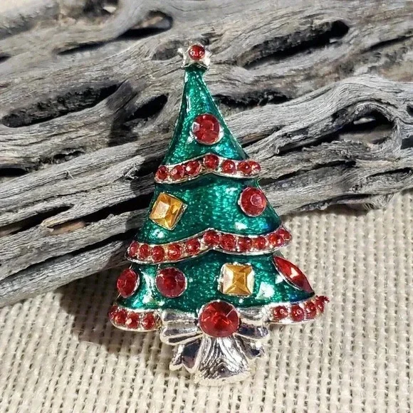 90s Y2K Vtg Christmas Tree Red Green Silver Rhinestone Enamel Sweater Pin Brooch - Picture 5 of 5